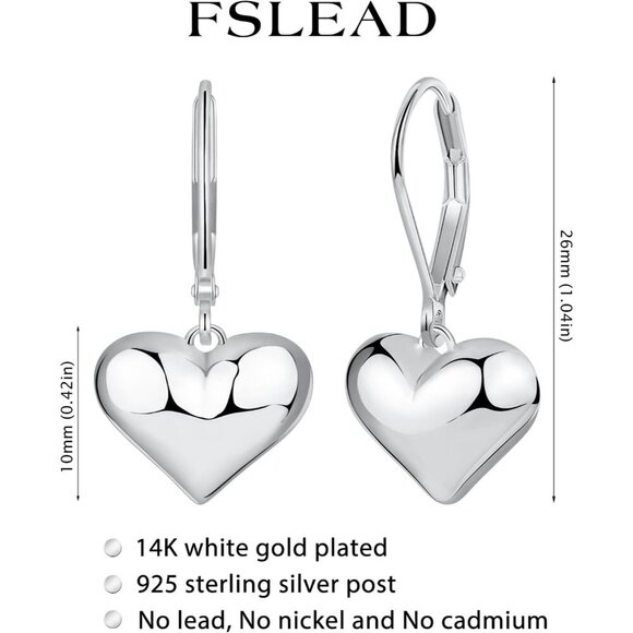 Silver Puffed Heart Leverback Dangle Drop Hypoallergenic Earring for Women - Picture 6 of 7